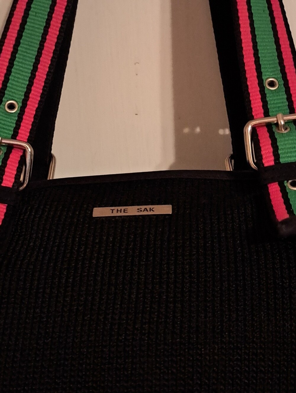 THE SAK Black Satchel with Pink and Green Striped Accents